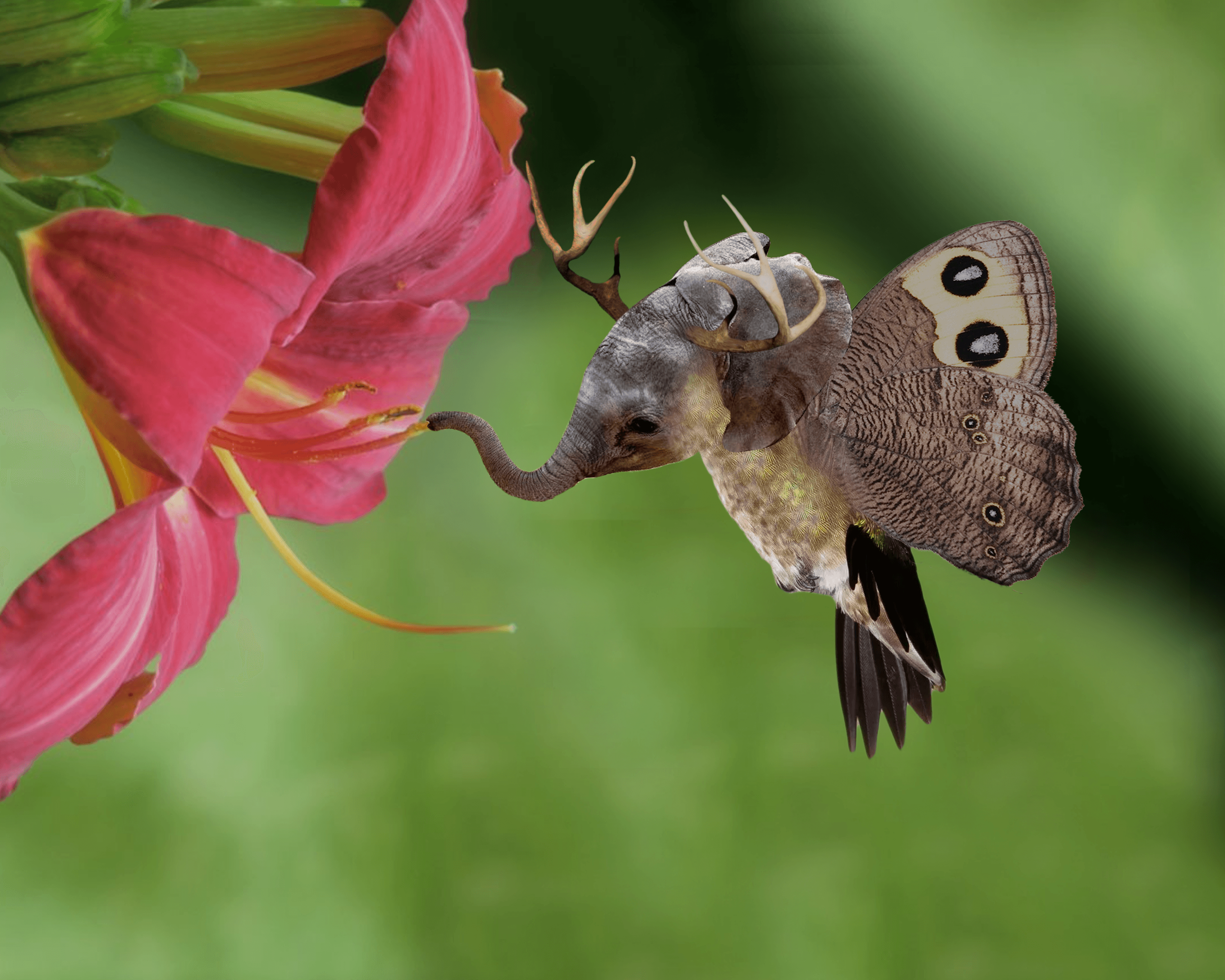 A hummingbird with the head of an elephant, wings of a butterfly, and deer horns