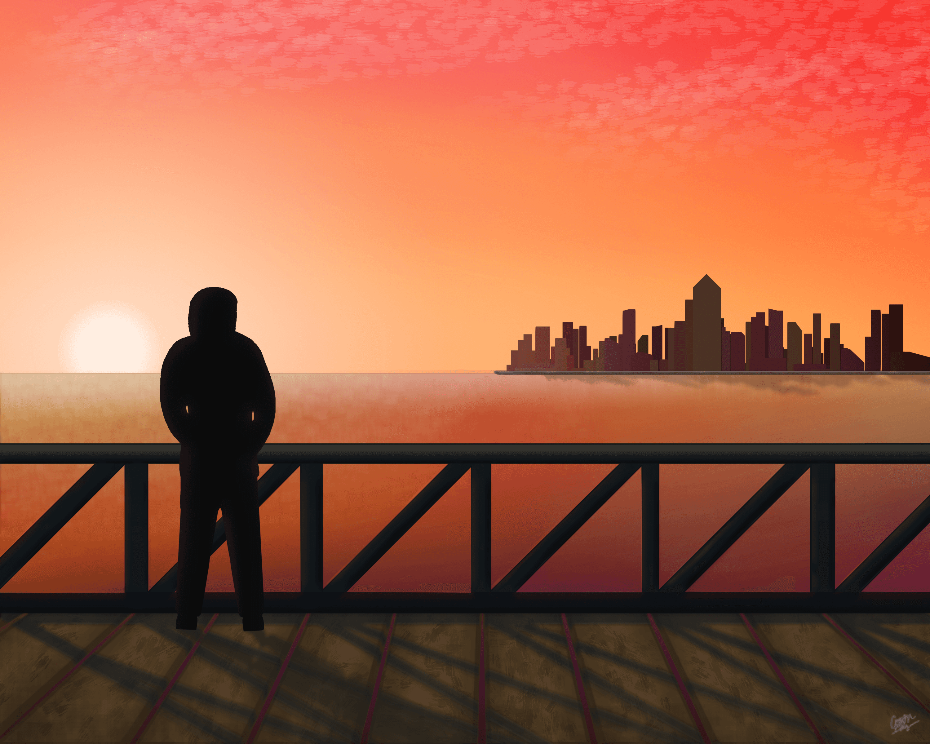 A man stands on a pier gazing at the rising sun