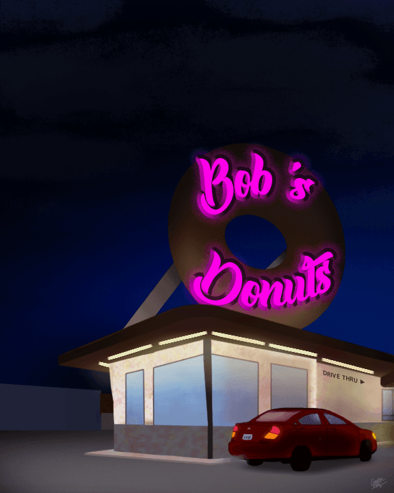 A parked red sedan sits outside of a donut shop at night